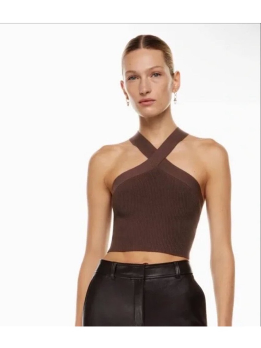 Babaton Aritzia Criss Cross Sculpt Knit Crop Top in a dark brown Womens